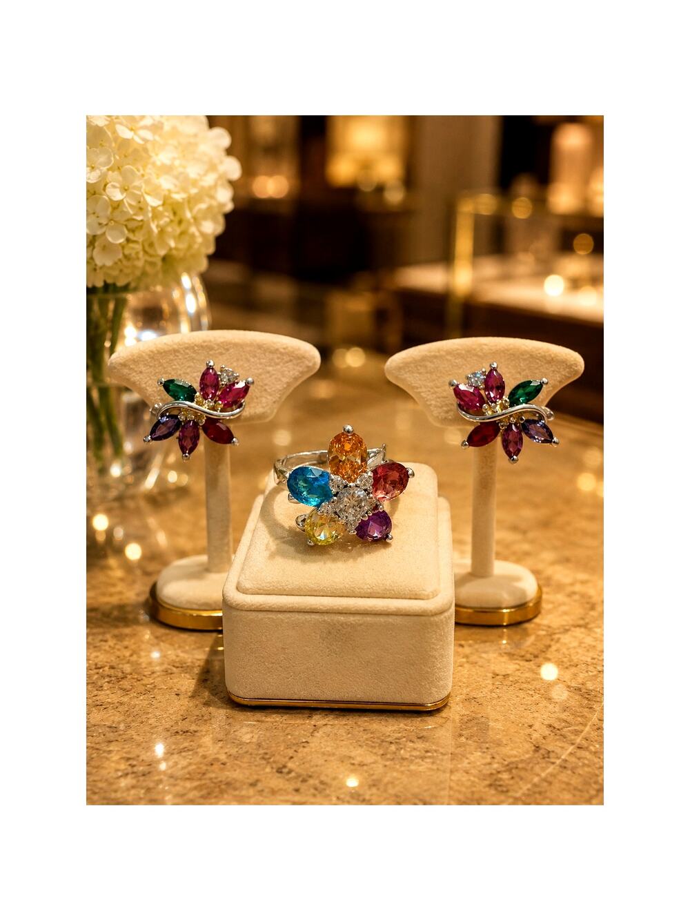 Multicolor Floral Rhinestone Ring & Matching Earrings Set Crystal Flwer Design 8